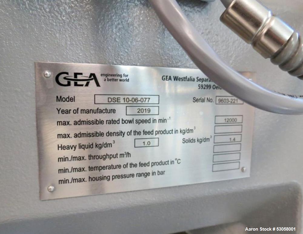 Used-GEA DSE 10-06-077 Self-Cleaning Disc Stack Centrifuge Separator, S/N 96034-221. Bowl VFD Drive, Allen Bradley PLC Panel...