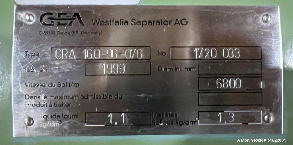 GEA Westfalia Separator CRA 160 Brewery Centrifuge