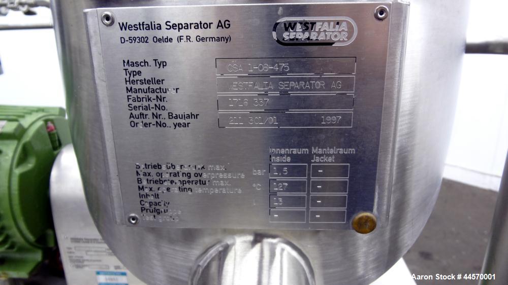 Used Stainless Steel Westfalia Ultra Polishing Desludger Disc Centrifuge, CSA 1