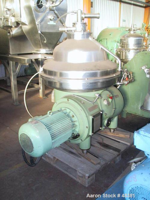 USED: Westfalia CSA-160-47-076 disc bowl polishing centrifuge. Clarifier design. 316 stainless steel product contact parts. Bowl speed 6800 rpm maximum. Hermetic design. Sediment holding space 8.0 li...