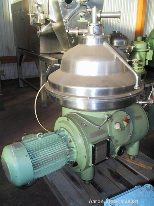 USED: Westfalia CSA-160-47-076 disc bowl polishing centrifuge. Clarifier design. 316 stainless steel product contact parts. Bowl speed 6800 rpm maximum. Hermetic design. Sediment holding space 8.0 li...