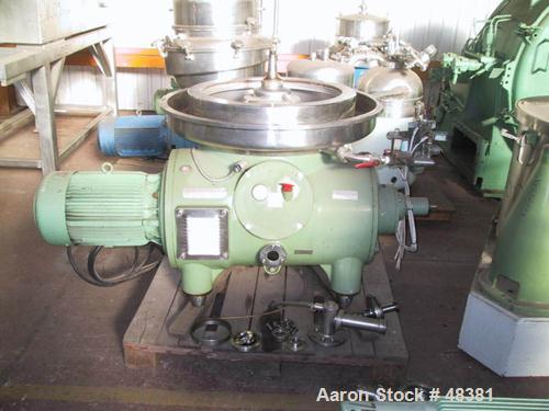 USED: Westfalia CSA-160-47-076 disc bowl polishing centrifuge. Clarifier design. 316 stainless steel product contact parts. Bowl speed 6800 rpm maximum. Hermetic design. Sediment holding space 8.0 li...