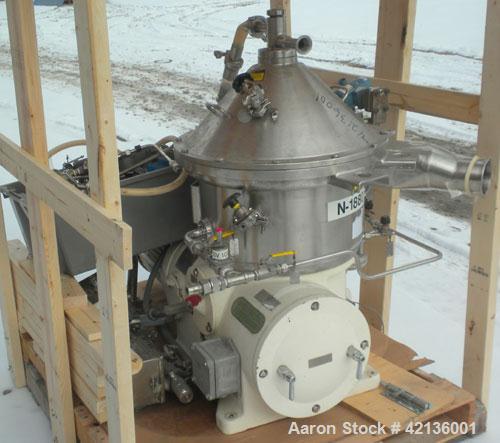 Used Westfalia CSA-19-06-476  "Ultra Polishing" Desludger Disc Centrifuge, 316 stainless steel (product contact areas). Max bowl speed 9150 rpm, clarifier design (liquid/solid separation), centripeta...