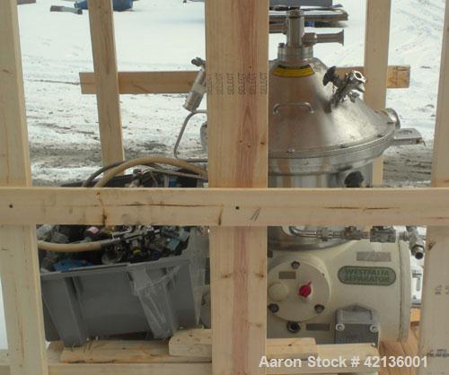 Used Westfalia CSA-19-06-476  "Ultra Polishing" Desludger Disc Centrifuge, 316 stainless steel (product contact areas). Max bowl speed 9150 rpm, clarifier design (liquid/solid separation), centripeta...