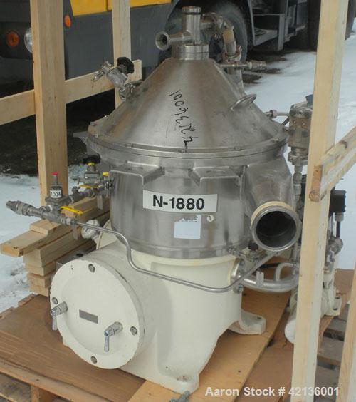 Used Westfalia CSA-19-06-476  "Ultra Polishing" Desludger Disc Centrifuge, 316 stainless steel (product contact areas). Max bowl speed 9150 rpm, clarifier design (liquid/solid separation), centripeta...