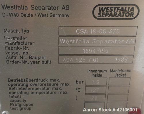 Used Westfalia CSA-19-06-476  "Ultra Polishing" Desludger Disc Centrifuge, 316 stainless steel (product contact areas). Max bowl speed 9150 rpm, clarifier design (liquid/solid separation), centripeta...