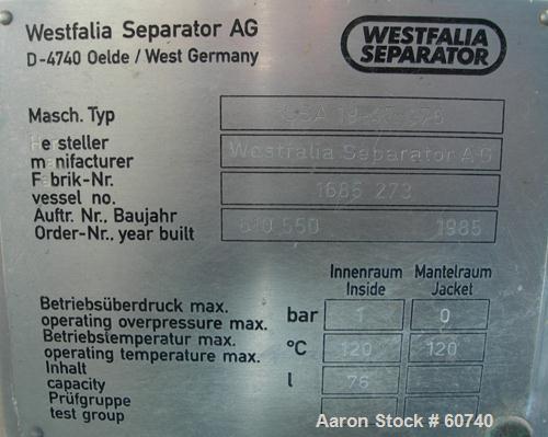 Used Stainless Steel Westfalia "Ultra Polishing" Desludging Disc Centrifuge, CSA-19-47-476 