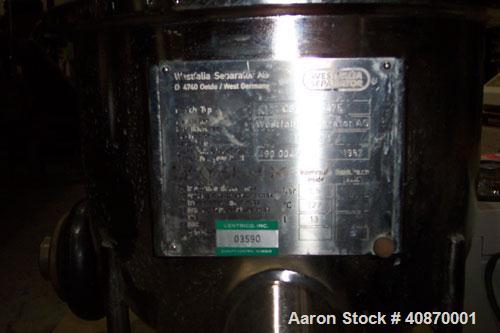 Used Westfalia CSA-1-06-476 "Ultra Polishing" desludger disc centrifuge. 316 stainless steel construction on product contact areas, clarifier design (liquid/solids), centripetal pump liquid discharge...