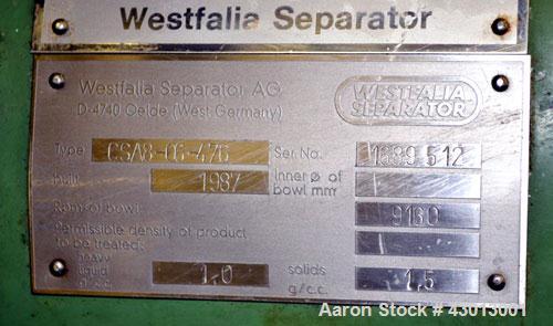 Used Stainless steel Westfalia Ultra Polishing Desludging Disc Centrifuge, CSA-