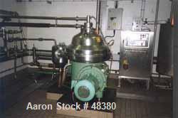USED:Westfalia CSA160-47-076 disc bowl, polishing clarifier design.Bowl speed 6800 rpm (max), direct drive motor 22 kw (30 hp) 3/50/420volt. 316SS parts, control panel.