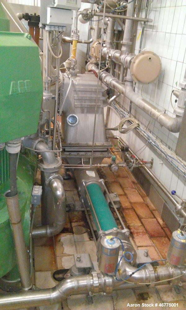 Used Westfalia GSC-150-36-777 Desludger Disc Centrifuge. 316 Stainless steel (product contact areas), maximum bowl speed 4800 rpm, clarifier design (liquid/solids separation), centripetal pump liquid...
