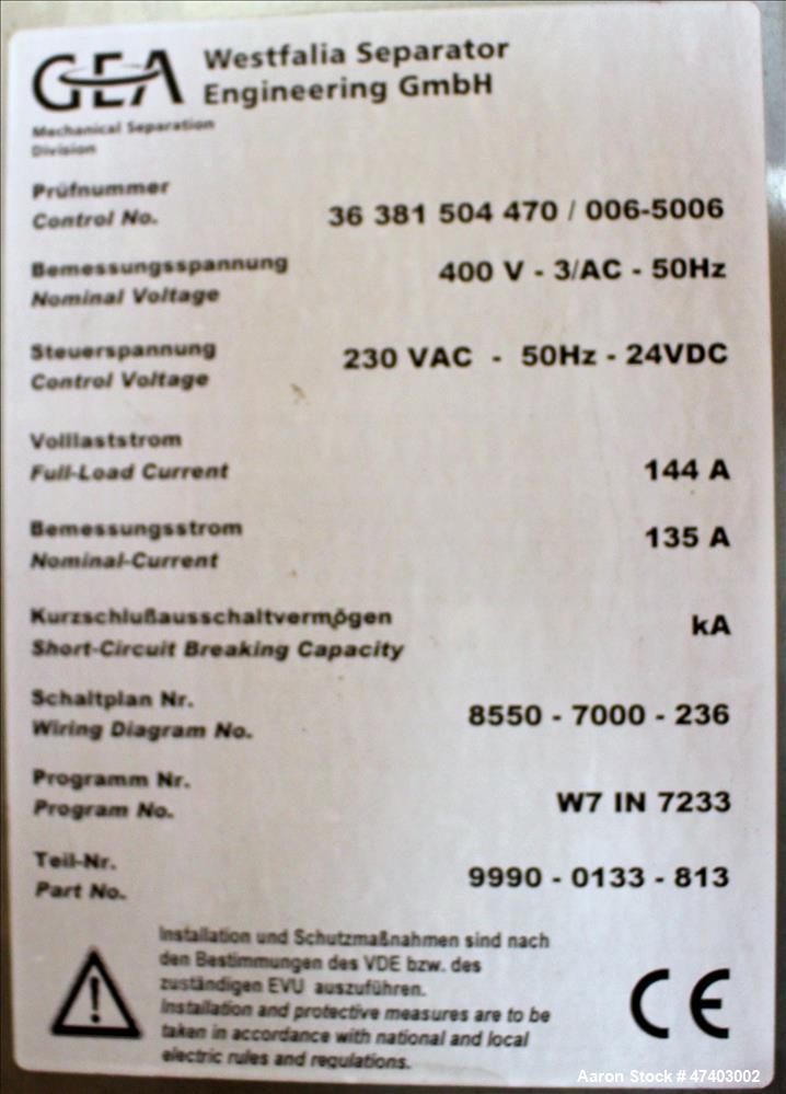 Used Westfalia Desludger Disc Centrifuge, Model GSE-200-06-777