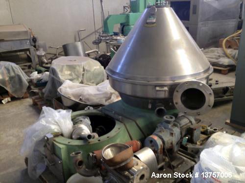 Used Westfalia HSA-200-06-777 Desludger Disc Centrifuge. 316 stainless steel construction (product contact areas). Clarifier design (liquid/solids separation). Hermetic design, centripetal pump liqui...