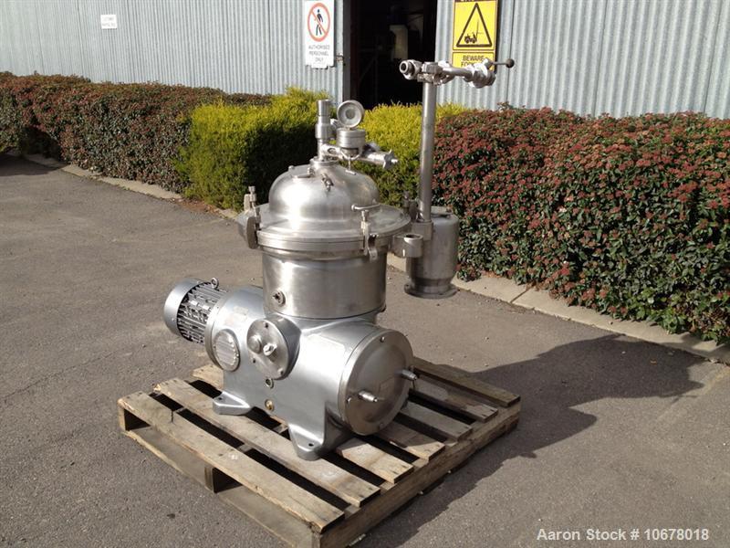 Used Westfalia KSA 6-01-076 Desludger Disc Centrifuge, stainless steel construction (product contact areas), max bowl speed 7570 rpm, separator design (liquid/liquid/solids separation), light and hea...