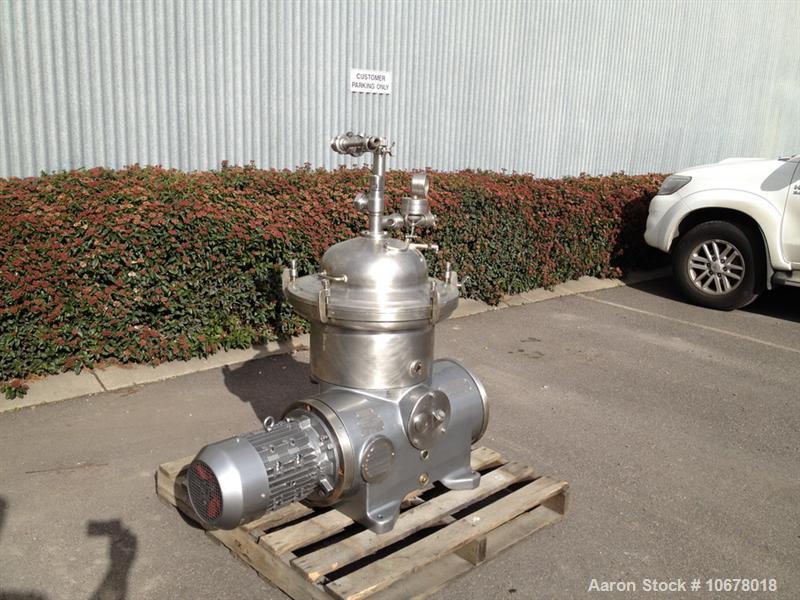 Used Westfalia KSA 6-01-076 Desludger Disc Centrifuge, stainless steel construction (product contact areas), max bowl speed 7570 rpm, separator design (liquid/liquid/solids separation), light and hea...