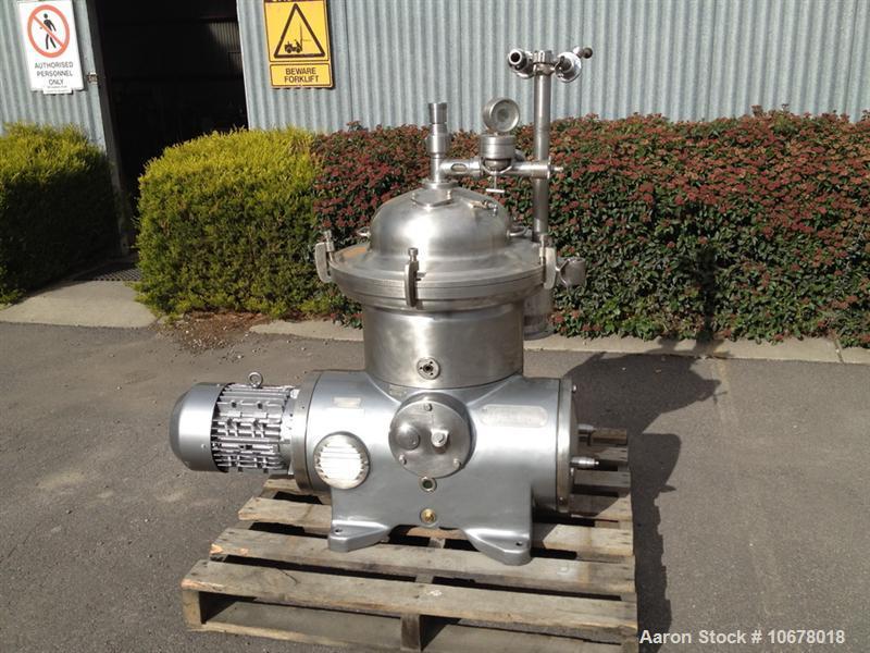 Used Westfalia KSA 6-01-076 Desludger Disc Centrifuge, stainless steel construction (product contact areas), max bowl speed 7570 rpm, separator design (liquid/liquid/solids separation), light and hea...