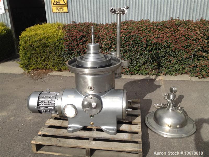 Used Westfalia KSA 6-01-076 Desludger Disc Centrifuge, stainless steel construction (product contact areas), max bowl speed 7570 rpm, separator design (liquid/liquid/solids separation), light and hea...