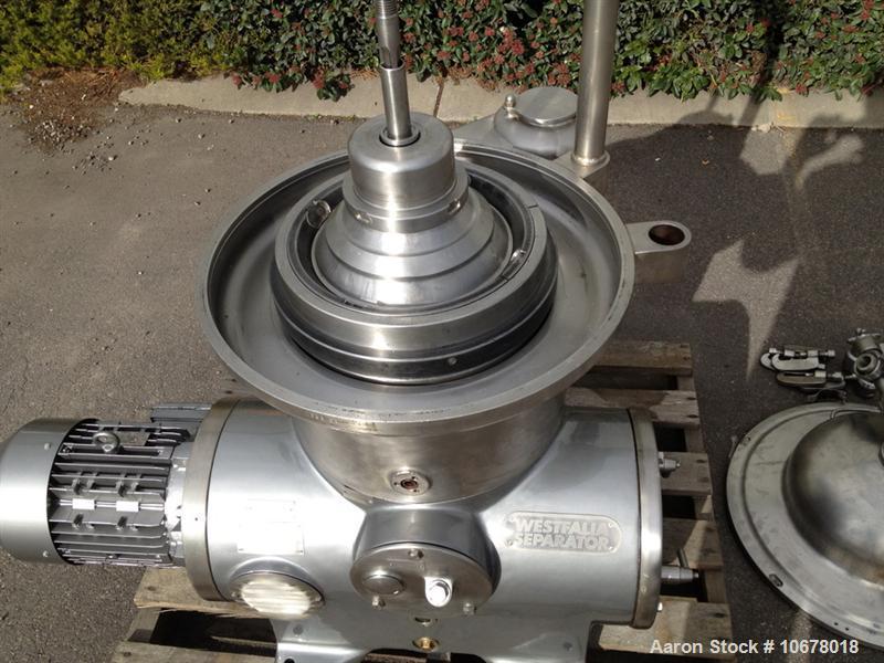 Used Westfalia KSA 6-01-076 Desludger Disc Centrifuge, stainless steel construction (product contact areas), max bowl speed 7570 rpm, separator design (liquid/liquid/solids separation), light and hea...