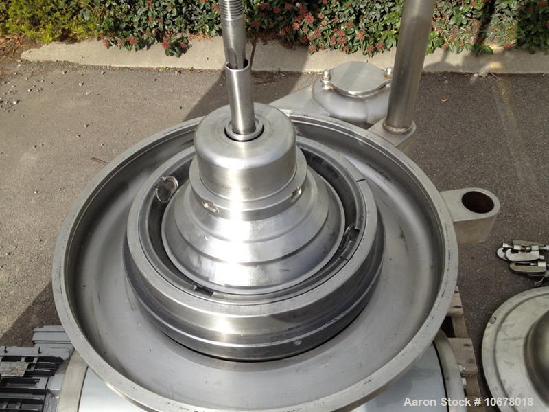 Used Westfalia KSA 6-01-076 Desludger Disc Centrifuge, stainless steel construction (product contact areas), max bowl speed 7570 rpm, separator design (liquid/liquid/solids separation), light and hea...