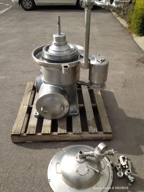 Used Westfalia KSA 6-01-076 Desludger Disc Centrifuge, stainless steel construction (product contact areas), max bowl speed 7570 rpm, separator design (liquid/liquid/solids separation), light and hea...