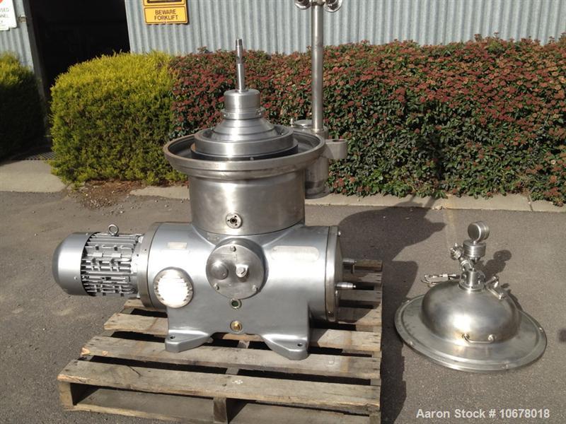 Used Westfalia KSA 6-01-076 Desludger Disc Centrifuge, stainless steel construction (product contact areas), max bowl speed 7570 rpm, separator design (liquid/liquid/solids separation), light and hea...