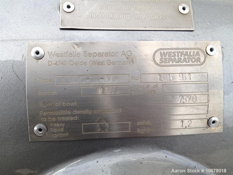 Used Westfalia KSA 6-01-076 Desludger Disc Centrifuge, stainless steel construction (product contact areas), max bowl speed 7570 rpm, separator design (liquid/liquid/solids separation), light and hea...