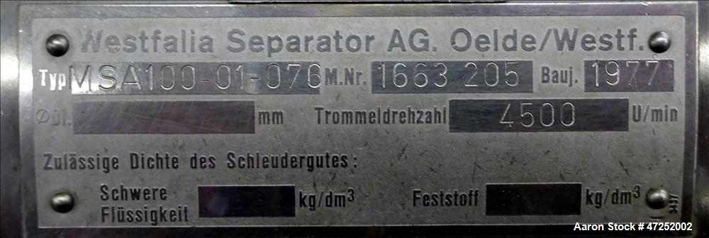 Used Westfalia MSA-100-01-076 Desludger Disc Centrifuge.