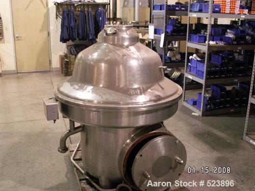 USED: Westfalia separator model MSA 100, CIP. Including 35 hp motor, controls, base plate, blow down can, water harness. 27,500 pounds per hour separation; 40,000 pounds per hour standardization.