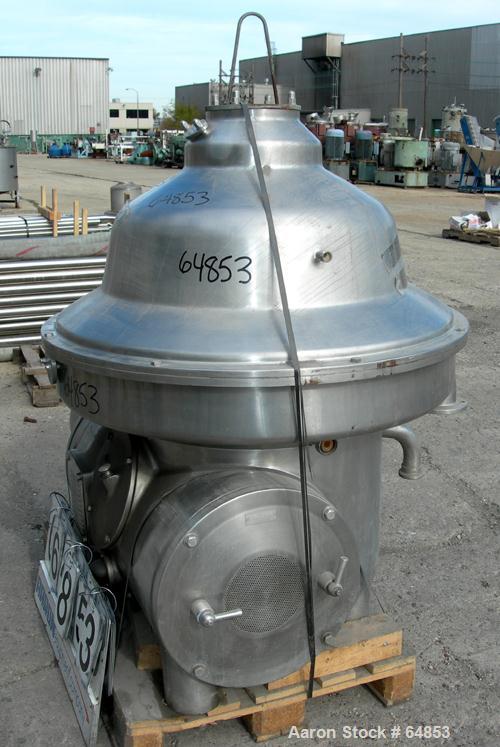 USED: Westfalia MSA-120-01-0076 desludger disc centrifuge. 316 stainless steel construction. Max bowl speed 4500 rpm, separator design, direct drive, 22 kw Loher A180LA-4XP drive motor 380/3/50, (1) ...