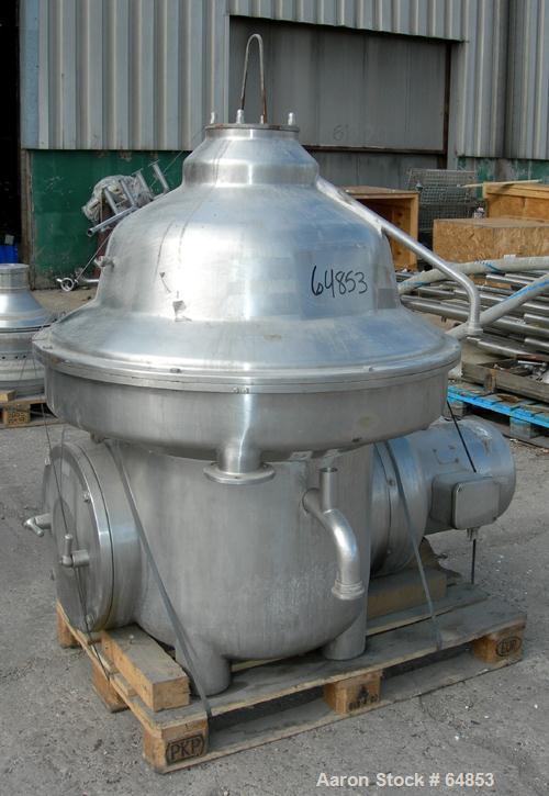 USED: Westfalia MSA-120-01-0076 desludger disc centrifuge. 316 stainless steel construction. Max bowl speed 4500 rpm, separator design, direct drive, 22 kw Loher A180LA-4XP drive motor 380/3/50, (1) ...