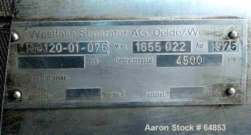 USED: Westfalia MSA-120-01-0076 desludger disc centrifuge. 316 stainless steel construction. Max bowl speed 4500 rpm, separator design, direct drive, 22 kw Loher A180LA-4XP drive motor 380/3/50, (1) ...