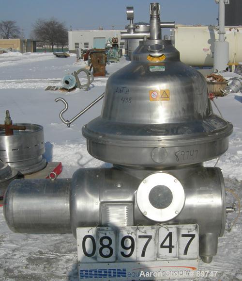 USED: Westfalia MSA-160-01-076 desludger disc centrifuge. 316 stainless steel construction on product contact areas, max bowl speed 4100 rpm, separator design, centripetal pump liquid discharge, 37 k...