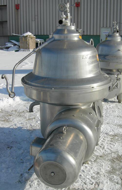 USED: Westfalia MSA-160-01-076 desludger disc centrifuge. 316 stainless steel construction on product contact areas, max bowl speed 4100 rpm, separator design, centripetal pump liquid discharge, 37 k...