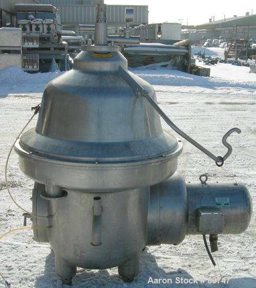 USED: Westfalia MSA-160-01-076 desludger disc centrifuge. 316 stainless steel construction on product contact areas, max bowl speed 4100 rpm, separator design, centripetal pump liquid discharge, 37 k...
