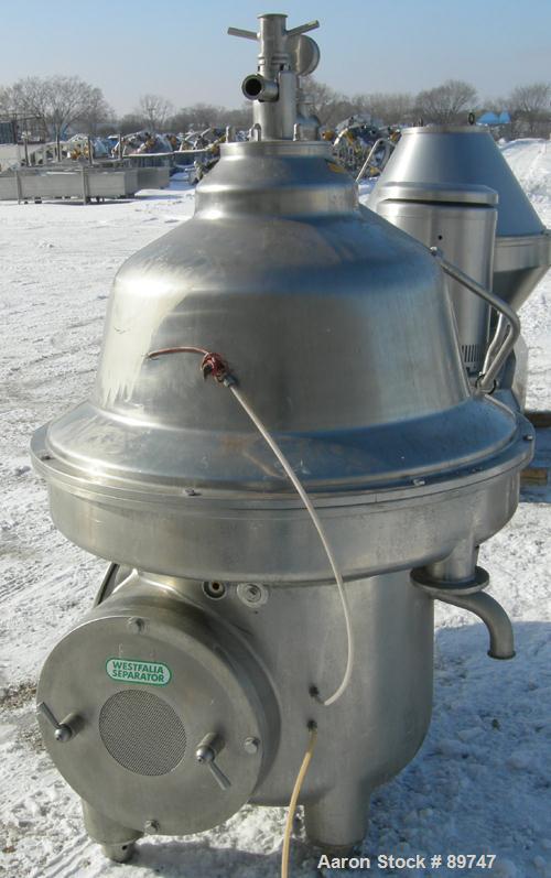 USED: Westfalia MSA-160-01-076 desludger disc centrifuge. 316 stainless steel construction on product contact areas, max bowl speed 4100 rpm, separator design, centripetal pump liquid discharge, 37 k...
