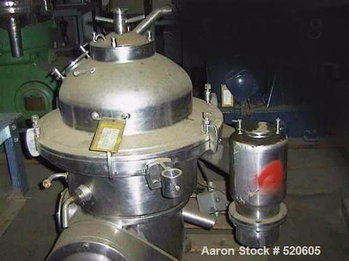 USED: Westfalia MSA-20-06-076 desludger disc centrifuge. Stainlesssteel construction on product contact areas, max bowl speed 5850 rpm,clarifier design, centripetal pump liquid discharge, direct driv...