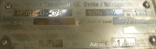 Used Stainless Steel Westfalia Desludger Disc Centrifuge, MSA-35-06-076 