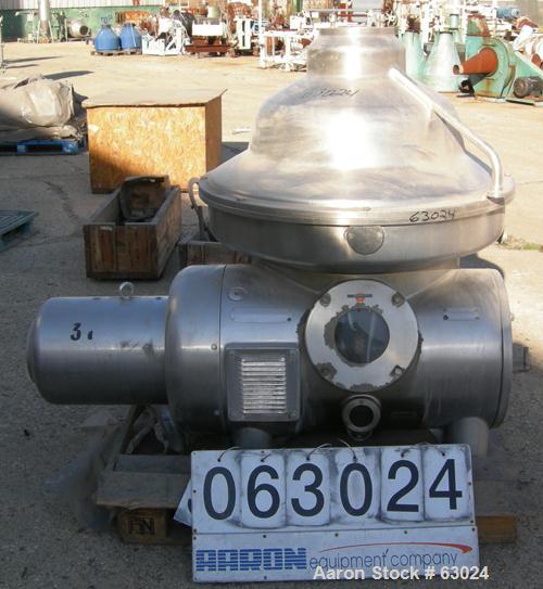 USED: Westfalia separator, type MSA-90-01-076. 316 stainless steel construction. Self-desludging. Max bowl speed 5920 rpm by a 27.75 hp/ 18.5 kw-380 volt/50 cycle/3 ph Loher type A180LA-4 motor.