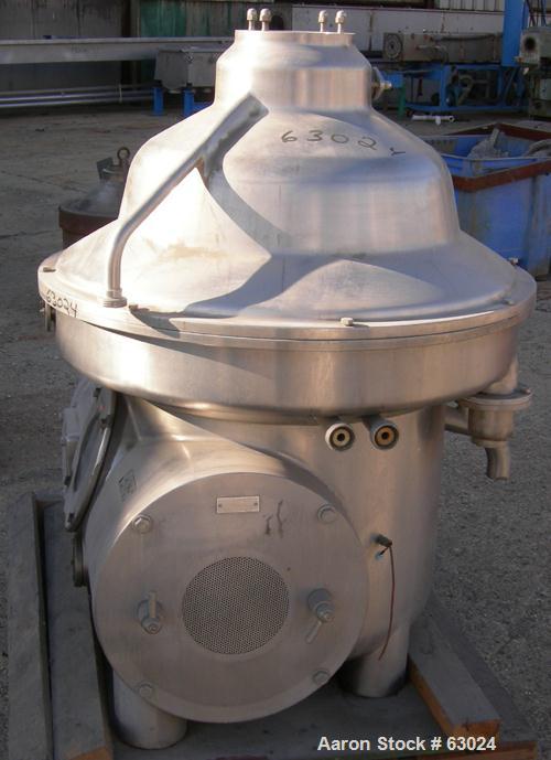 USED: Westfalia separator, type MSA-90-01-076. 316 stainless steel construction. Self-desludging. Max bowl speed 5920 rpm by a 27.75 hp/ 18.5 kw-380 volt/50 cycle/3 ph Loher type A180LA-4 motor.