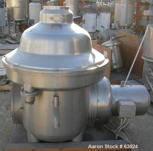 USED: Westfalia separator, type MSA-90-01-076. 316 stainless steel construction. Self-desludging. Max bowl speed 5920 rpm by a 27.75 hp/ 18.5 kw-380 volt/50 cycle/3 ph Loher type A180LA-4 motor.