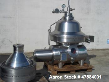 Used Westfalia MSB-130-01-076 Desludger Disc Centrifuge. Stainless steel construction (product contact areas), separator design (liquid/liquid/solids separation), light and heavy phase centripetal pu...