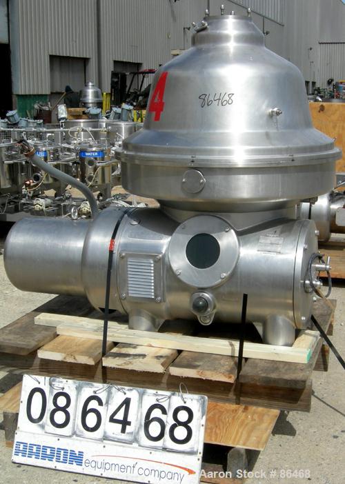 USED: Westfalia MSB200-01-076 desludger disc centrifuge. 316 stainless steel construction on product contact areas. Max bowl speed 4700 rpm, separator design, light phase and heavy phase centripetal ...