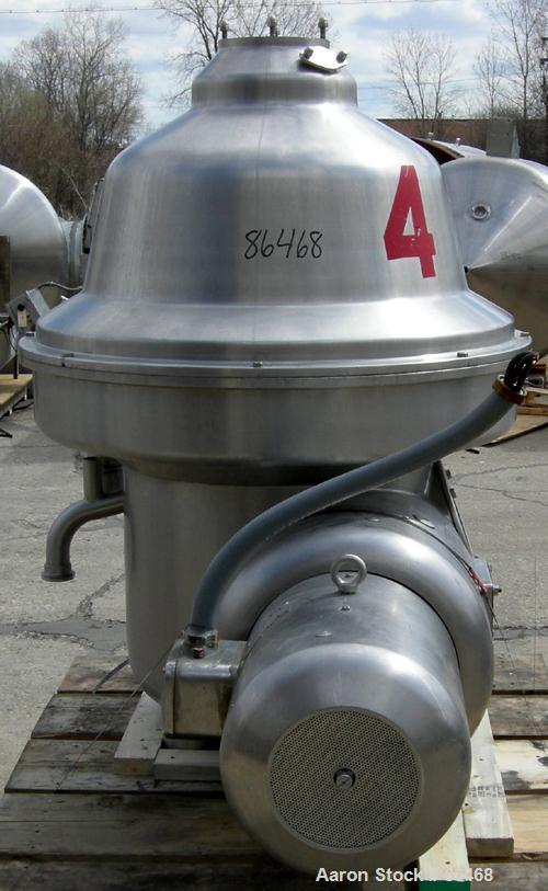 USED: Westfalia MSB200-01-076 desludger disc centrifuge. 316 stainless steel construction on product contact areas. Max bowl speed 4700 rpm, separator design, light phase and heavy phase centripetal ...