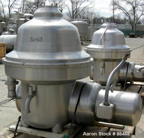 USED: Westfalia MSB200-01-076 desludger disc centrifuge. 316 stainless steel construction on product contact areas. Max bowl speed 4700 rpm, separator design, light phase and heavy phase centripetal ...