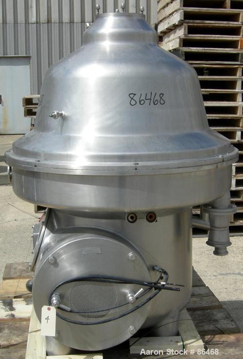 USED: Westfalia MSB200-01-076 desludger disc centrifuge. 316 stainless steel construction on product contact areas. Max bowl speed 4700 rpm, separator design, light phase and heavy phase centripetal ...