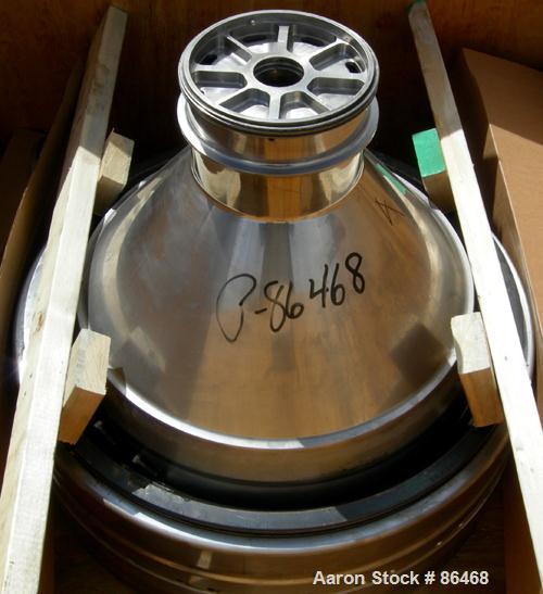 USED: Westfalia MSB200-01-076 desludger disc centrifuge. 316 stainless steel construction on product contact areas. Max bowl speed 4700 rpm, separator design, light phase and heavy phase centripetal ...