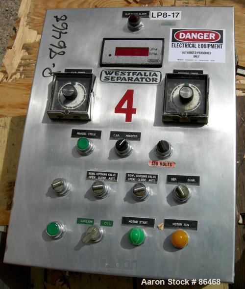 USED: Westfalia MSB200-01-076 desludger disc centrifuge. 316 stainless steel construction on product contact areas. Max bowl speed 4700 rpm, separator design, light phase and heavy phase centripetal ...