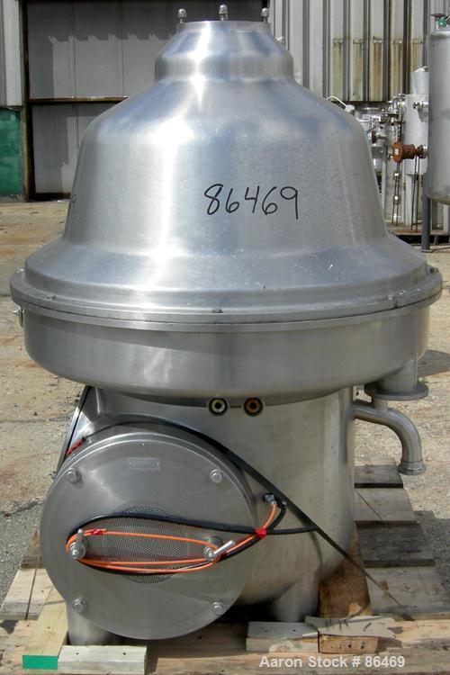 USED: Westfalia MSB200-01-076 desludger disc centrifuge. 316 stainless steel construction on product contact areas. Max bowl speed 4700 rpm, separator design, light phase and heavy phase centripetal ...