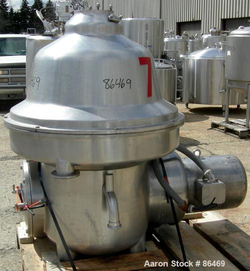 USED: Westfalia MSB200-01-076 desludger disc centrifuge. 316 stainless steel construction on product contact areas. Max bowl speed 4700 rpm, separator design, light phase and heavy phase centripetal ...