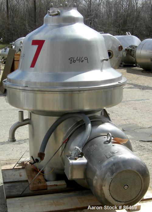 USED: Westfalia MSB200-01-076 desludger disc centrifuge. 316 stainless steel construction on product contact areas. Max bowl speed 4700 rpm, separator design, light phase and heavy phase centripetal ...